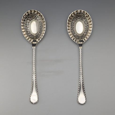 1916 British antique silver plate serving spoon pair